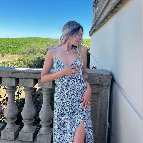 Zara Blue Floral Smocked V Neck Sleeveless Cami Camisole Slit Sheath Midi Dress - Picture 12 of 13